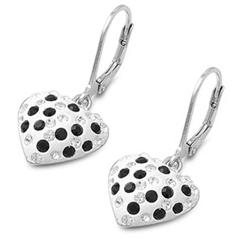 Sterling Silver Black And Clear Heart Shaped CZ EarringsAnd Pendant Height 13 mm