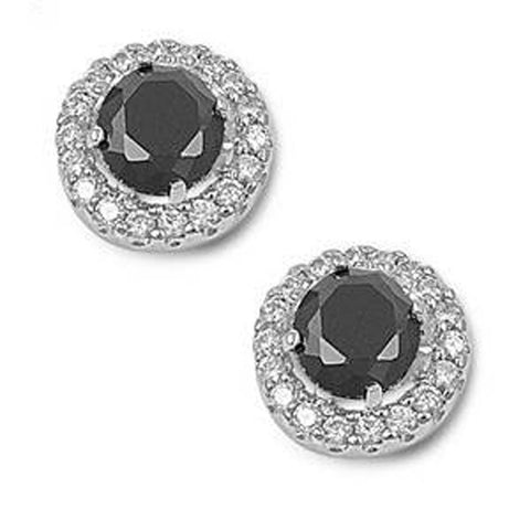 Sterling Silver Black Round Shaped CZ EarringsAnd Pendant Height 11 mm