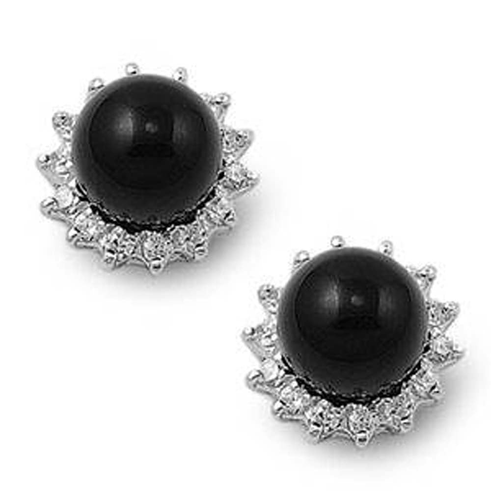 Sterling Silver Black Onyx Round Shaped CZ EarringsAnd Face Height 12 mm
