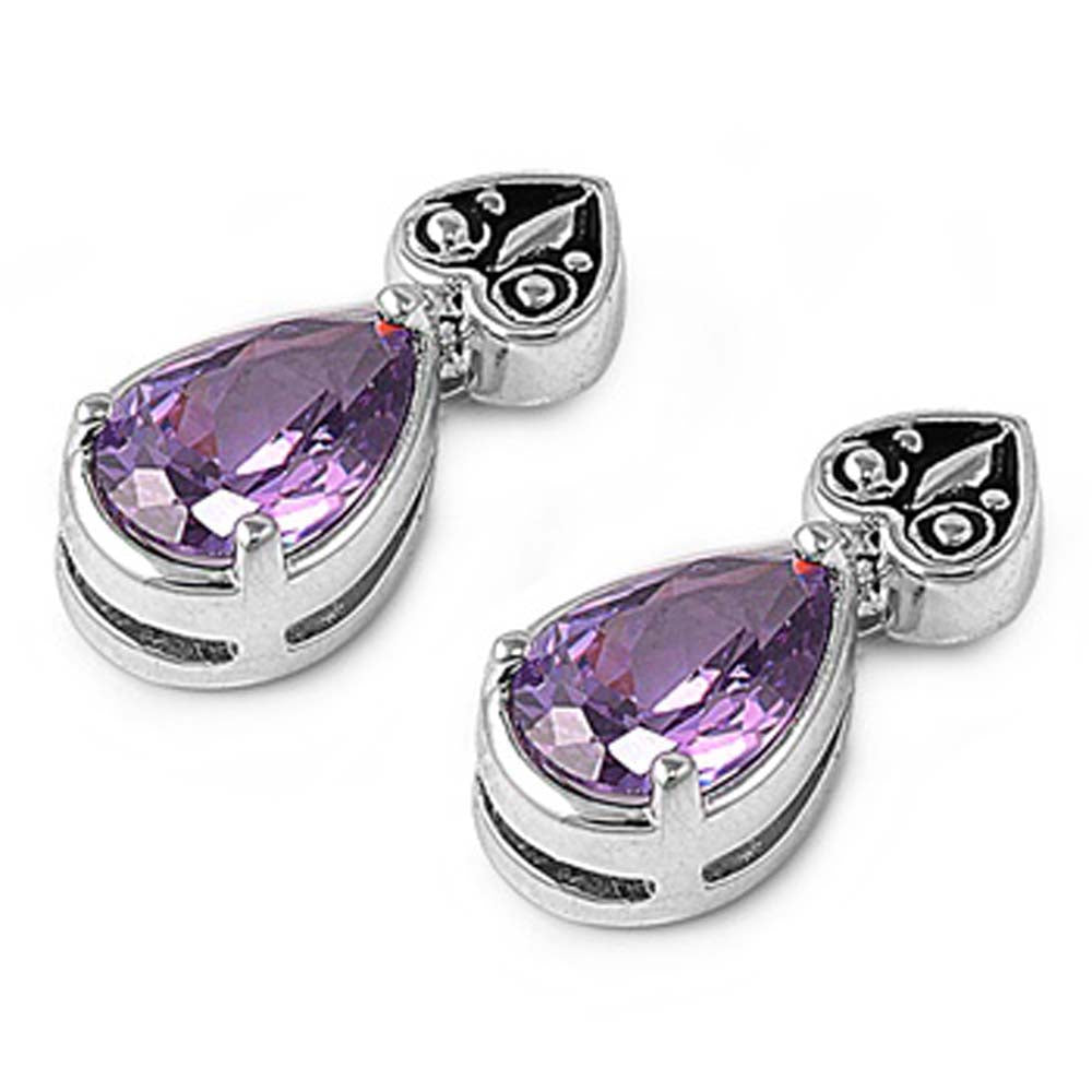 Sterling Silver Amethyst Pear And Heart Shaped CZ EarringsAnd Face Height 17 mm