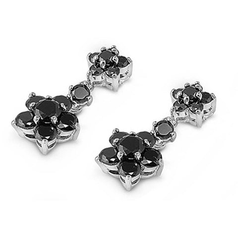 Sterling Silver Black Plumeria Shaped CZ EarringsAnd Face Height 19 mm