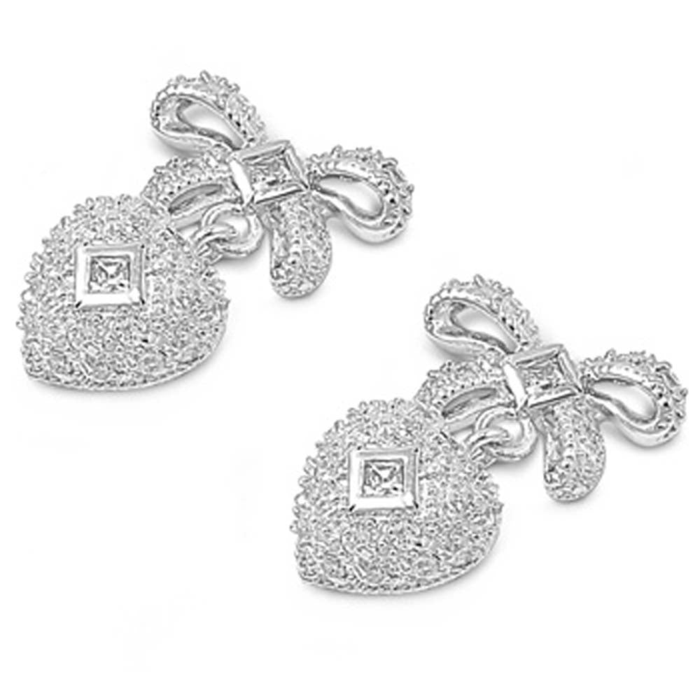 Sterling Silver Heart With Ribbon Shaped CZ EarringsAnd Face Height 19 mm