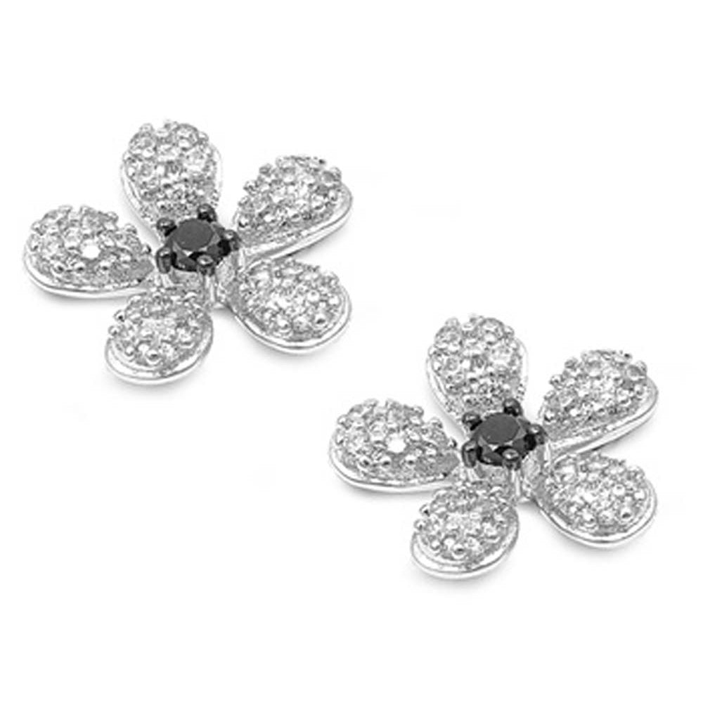 Sterling Silver Black And Clear Flower Shaped CZ EarringsAnd Face Height 12 mm
