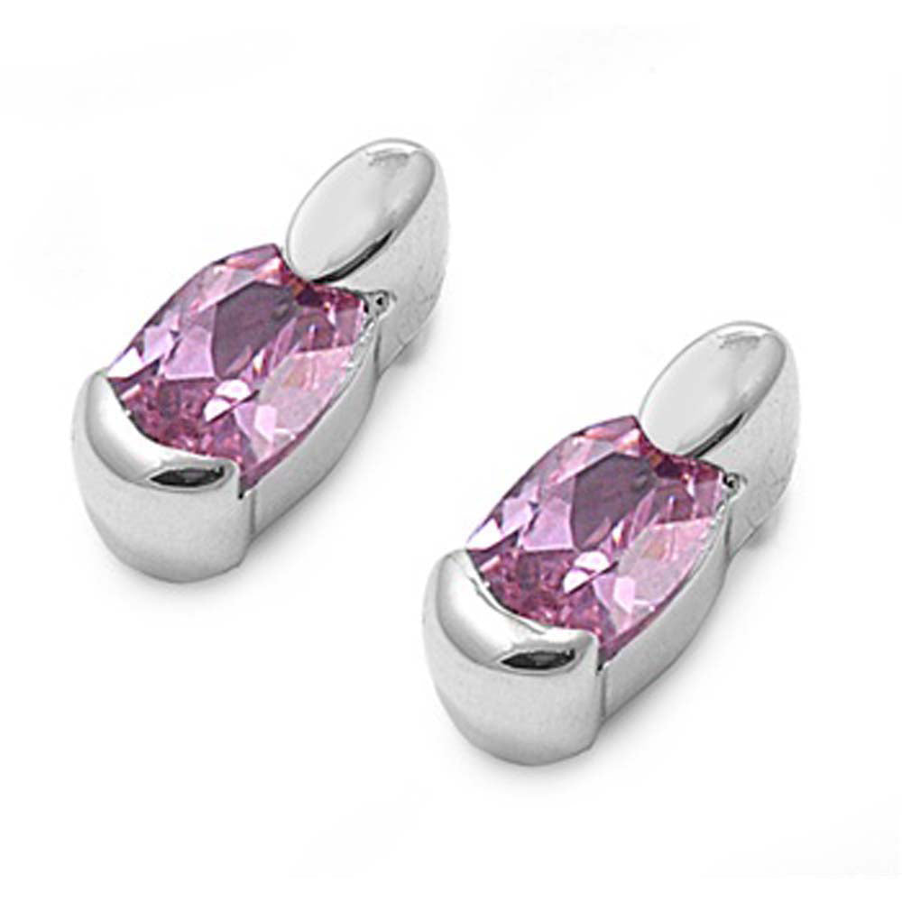 Sterling Silver Pink Oval Shaped CZ EarringsAnd Face Height 7 mm