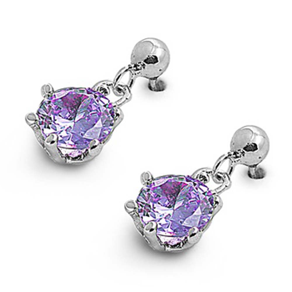 Sterling Silver Amethyst Round Shaped CZ EarringsAnd Face Height 7.3 mm