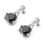 Sterling Silver Black Round Shaped CZ EarringsAnd Face Height 7.3 mm