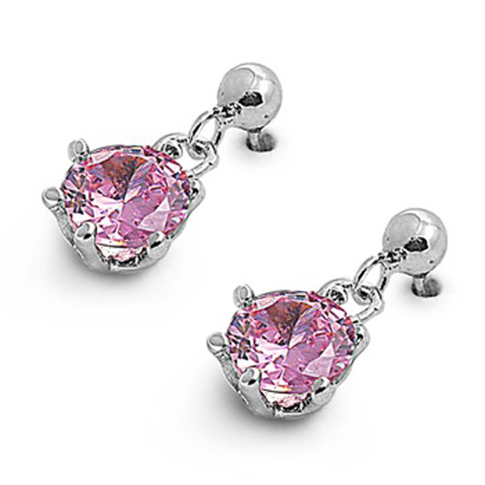 Sterling Silver Pink Round Shaped CZ EarringsAnd Face Height 7.3 mm
