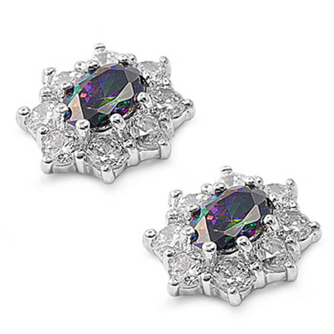 Sterling Silver Rainbow Topaz Flower Shaped CZ EarringsAnd Face Height 13 mm