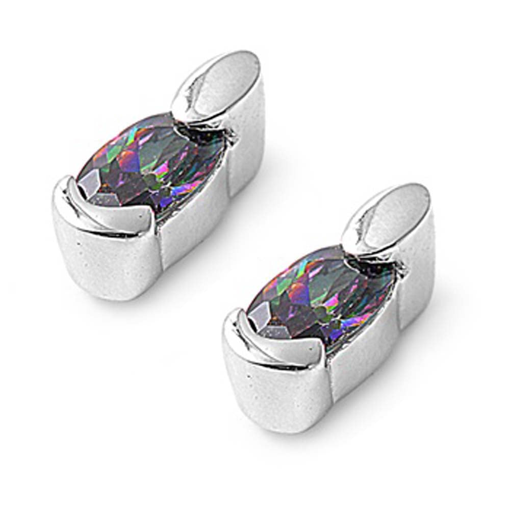 Sterling Silver Rainbow Topaz Oval Shaped CZ EarringsAnd Face Height 8 mm