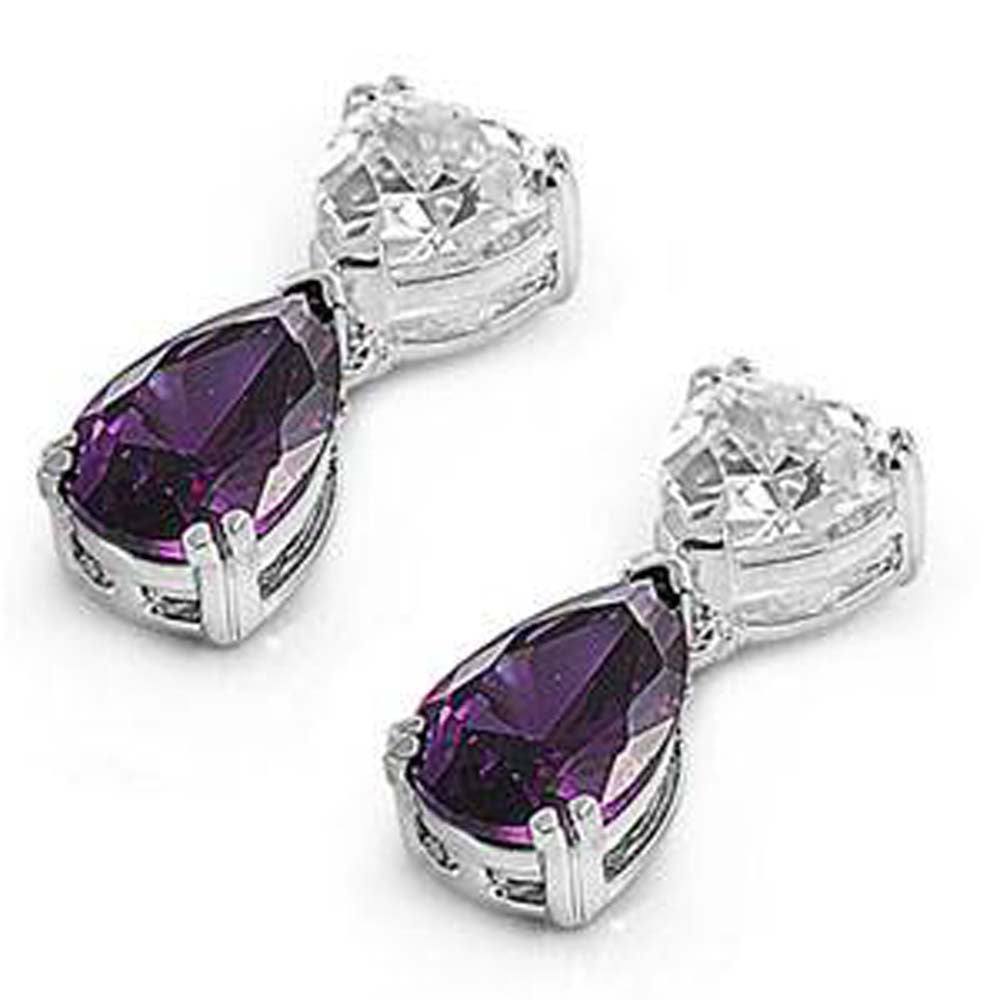 Sterling Silver Amethyst Pear And Trillion Shaped CZ EarringsAnd Face Height 18 mm