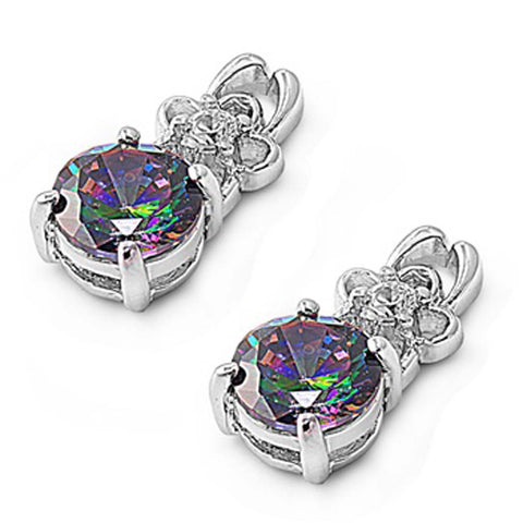 Sterling Silver Rainbow Topaz Round And Flower Shaped CZ EarringsAnd Face Height 16 mm