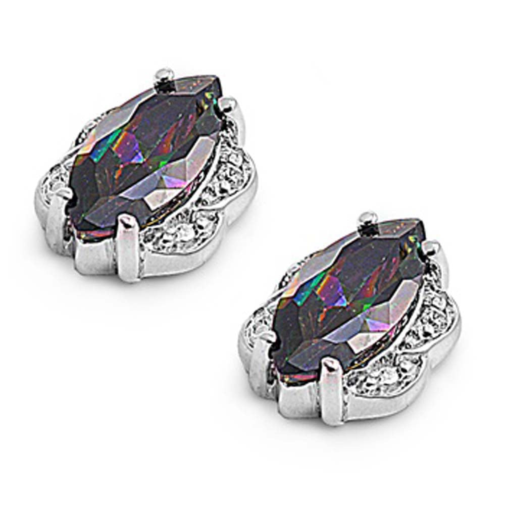 Sterling Silver Elegant Rainbow Topaz Simulated Marquise Cut Diamond Earrings On High Quality Prong Setting with Friction Back PostAnd Face Height 10MM