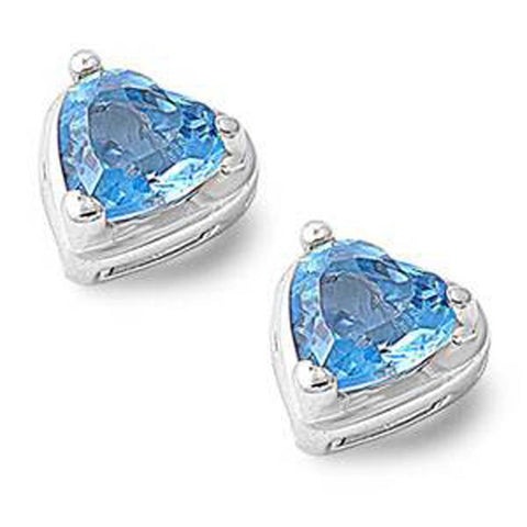 Sterling Silver Aquamarine Heart Shaped CZ EarringsAnd Face Height 7 mm