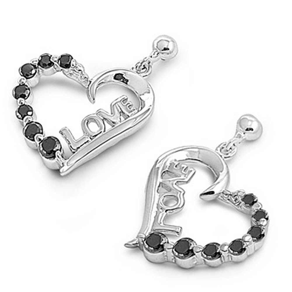 Sterling Silver Black Heart With Love Shaped CZ EarringsAnd Face Height 15 mm