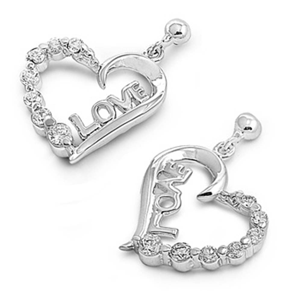 Sterling Silver Heart With Love Shaped CZ EarringsAnd Face Height 15 mm