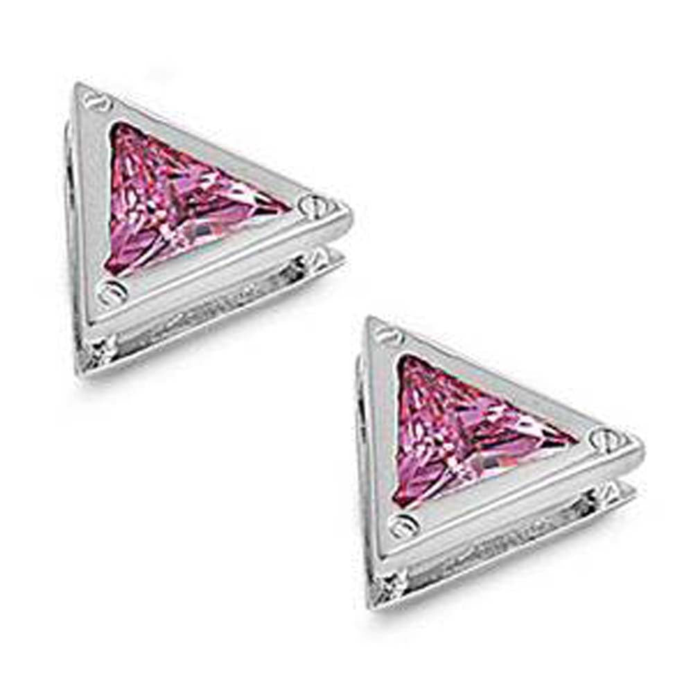 Sterling Silver Pink Triangle Shaped CZ EarringsAnd Face Height 9 mm