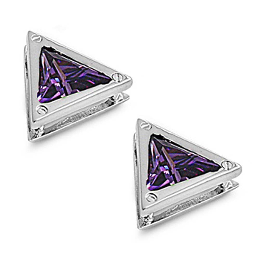 Sterling Silver Amethyst Triangle Shaped CZ EarringsAnd Face Height 9 mm