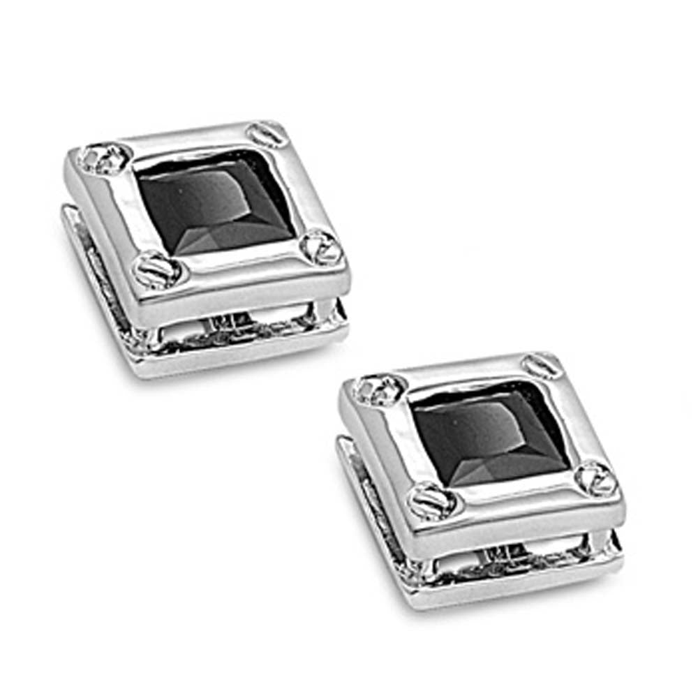 Sterling Silver Black Square Shaped CZ EarringsAnd Face Height 7 mm