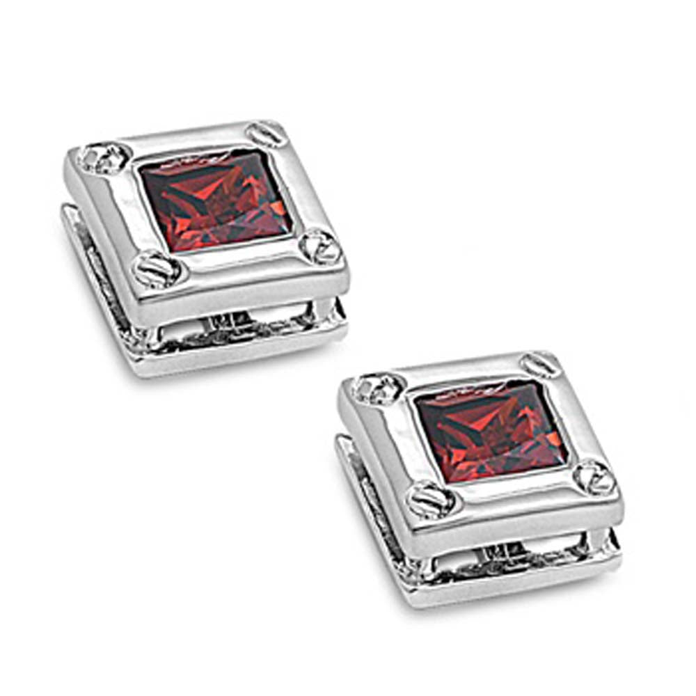 Sterling Silver Garnet Square Shaped CZ EarringsAnd Face Height 7 mm