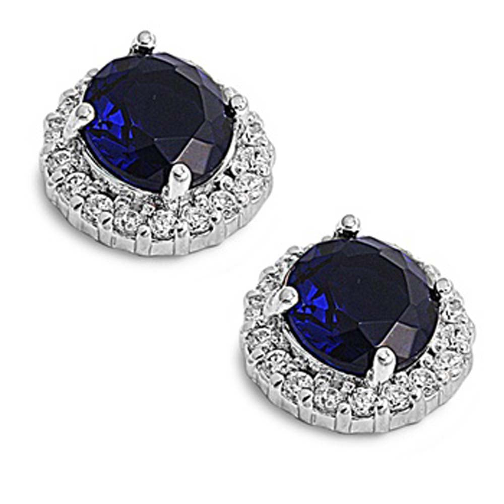 Sterling Silver Blue Sapphire Round Shaped CZ EarringsAnd Face Height 11 mm