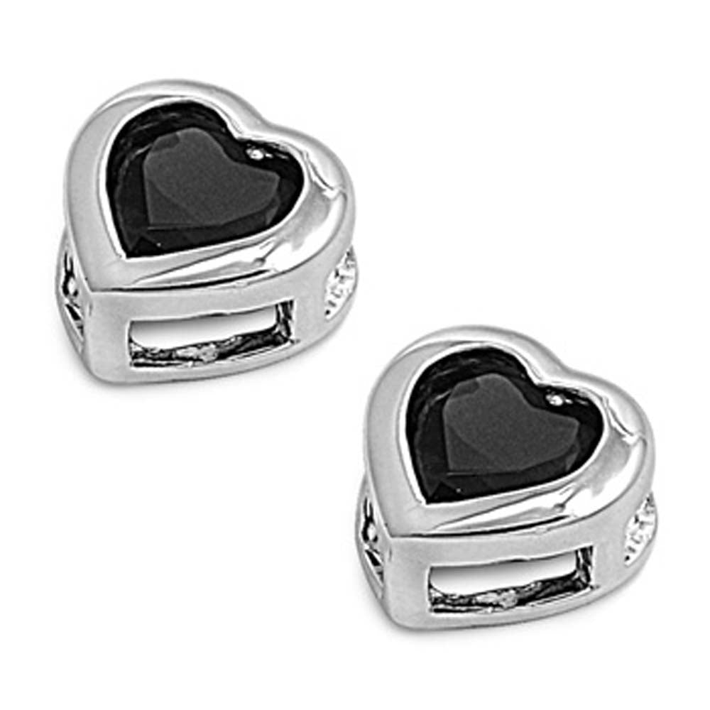 Sterling Silver Black Heart Shaped CZ EarringsAnd Face Height 8 mm
