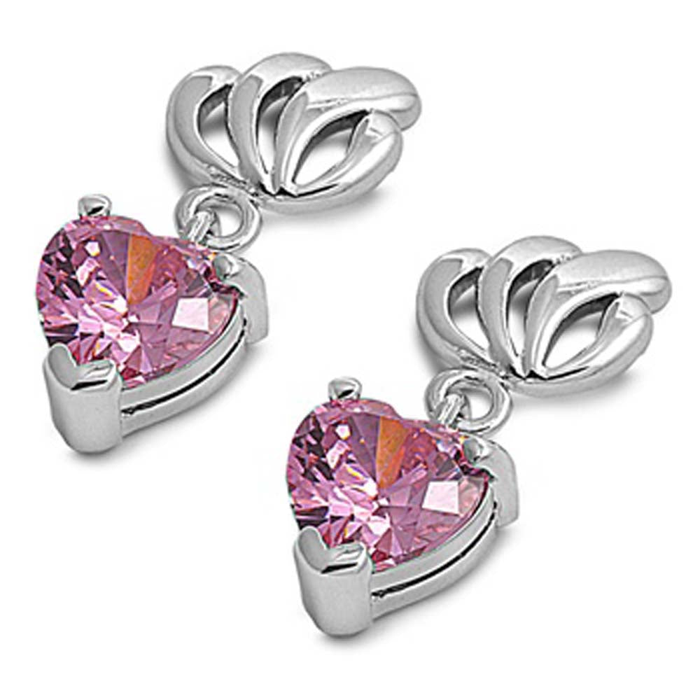 Sterling Silver Pink Heart Shaped CZ EarringsAnd Face Height 17 mm