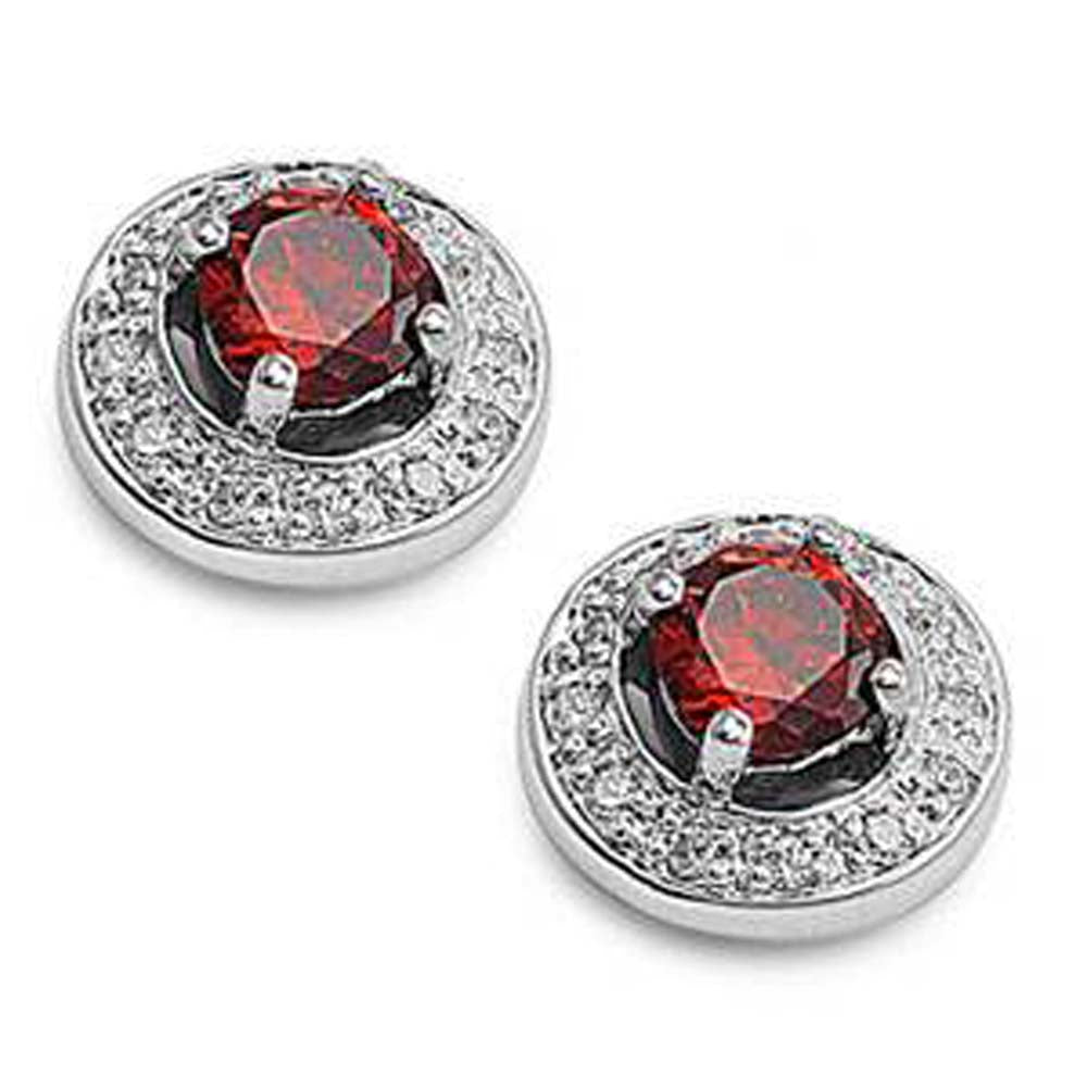 Sterling Silver Garnet Round Shaped CZ EarringsAnd Face Height 10 mm
