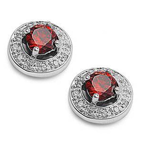 Sterling Silver Garnet Round Shaped CZ EarringsAnd Face Height 10 mm