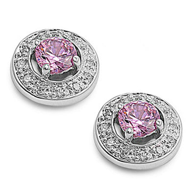 Sterling Silver Pink Round Shaped CZ EarringsAnd Face Height 10 mm