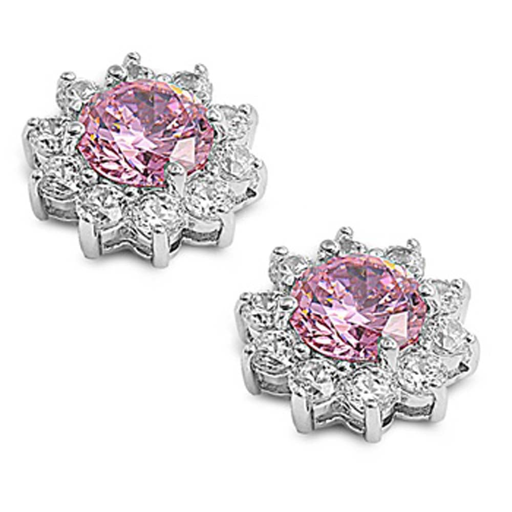 Sterling Silver Pink Flower Shaped CZ EarringsAnd Face Height 14 mm