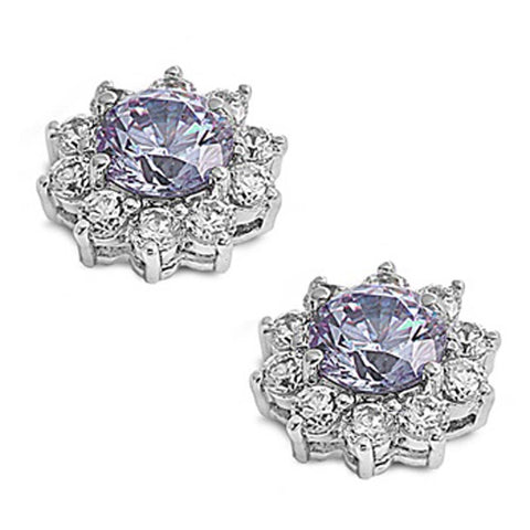 Sterling Silver Lavender Flower Shaped CZ EarringsAnd Face Height 14 mm