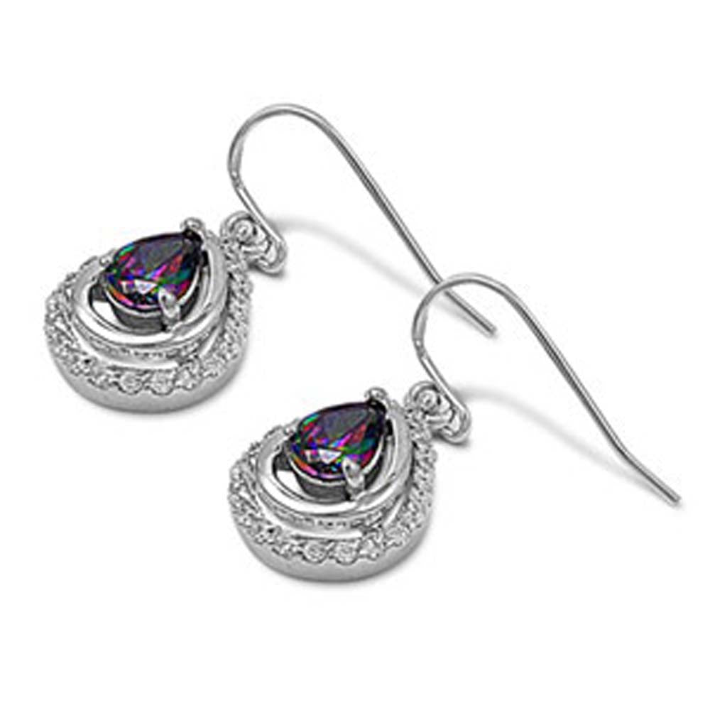 Sterling Silver Clear Cz and Prong Set Pearshape Rainbow Topaz Hook Earrings with Earring Face Height of 14MM