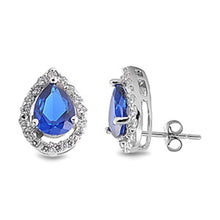 Load image into Gallery viewer, Sterling Silver Clear Cz and Prong Set Blue Sapphire Pearshape Cz Push-back Stud Earrings with Earring Face Height of 13MM