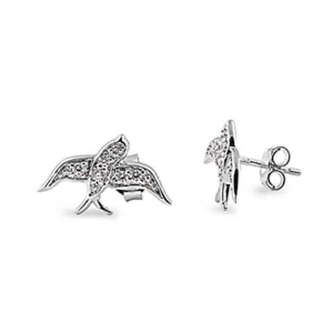 Sterling Silver Clear Cz Bird Shape Push-back Stud Earrings with Earring Face Height of 15MM