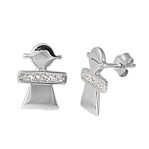 Sterling Silver Small Girl Stud Earrings with Simulated Dimonds and Friction Back PostAnd Height 15MM