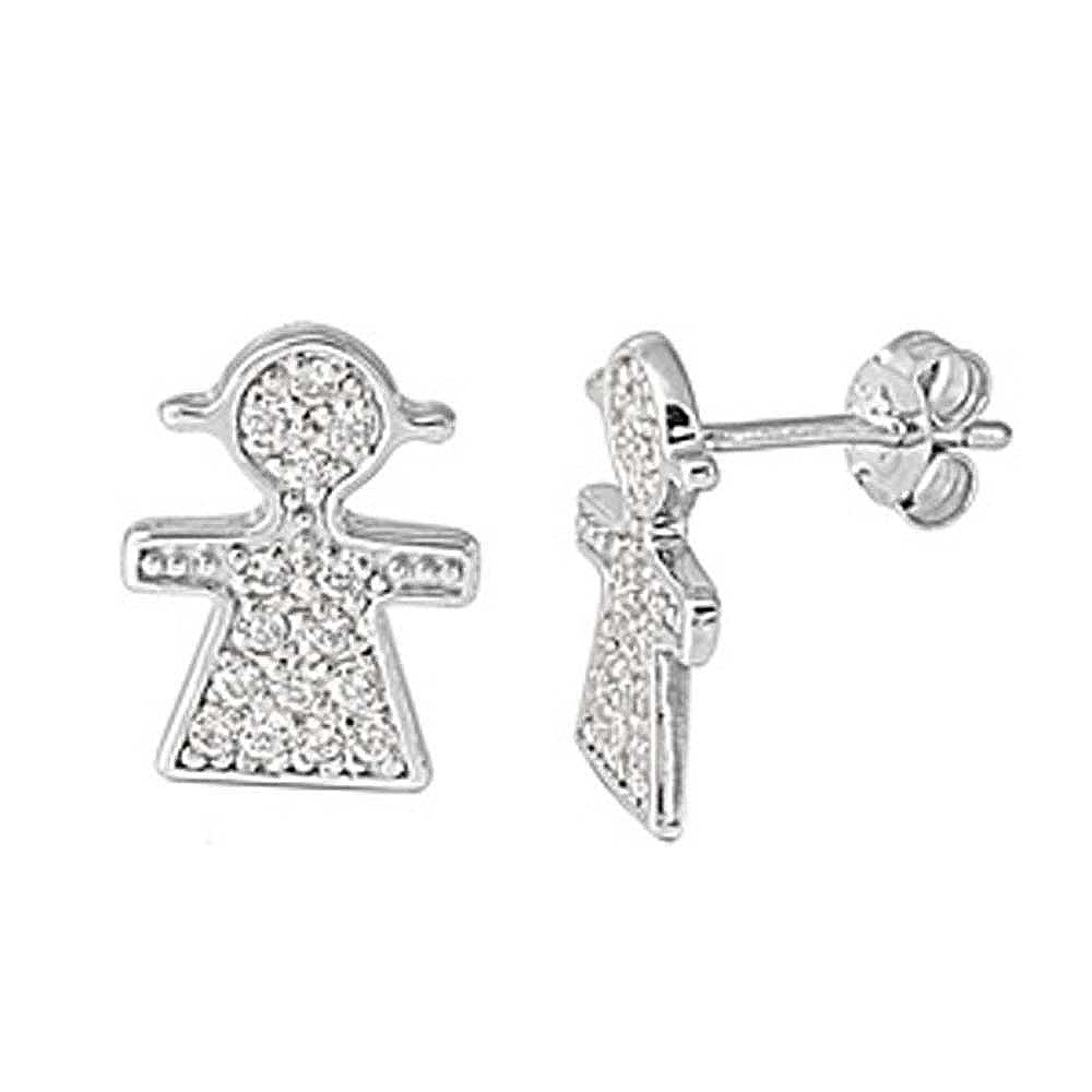 Sterling Silver Small Girl Stud Earrings with Simulated Dimonds and Friction Back PostAnd Height 15MM