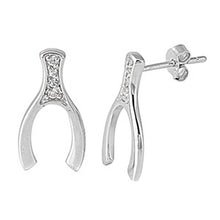 Load image into Gallery viewer, Sterling Silver Small Wishbone with Simulated Diamons Stud Earrings and Friction Back PostAnd Height 19MM