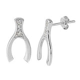 Sterling Silver Small Wishbone with Simulated Diamons Stud Earrings and Friction Back PostAnd Height 19MM