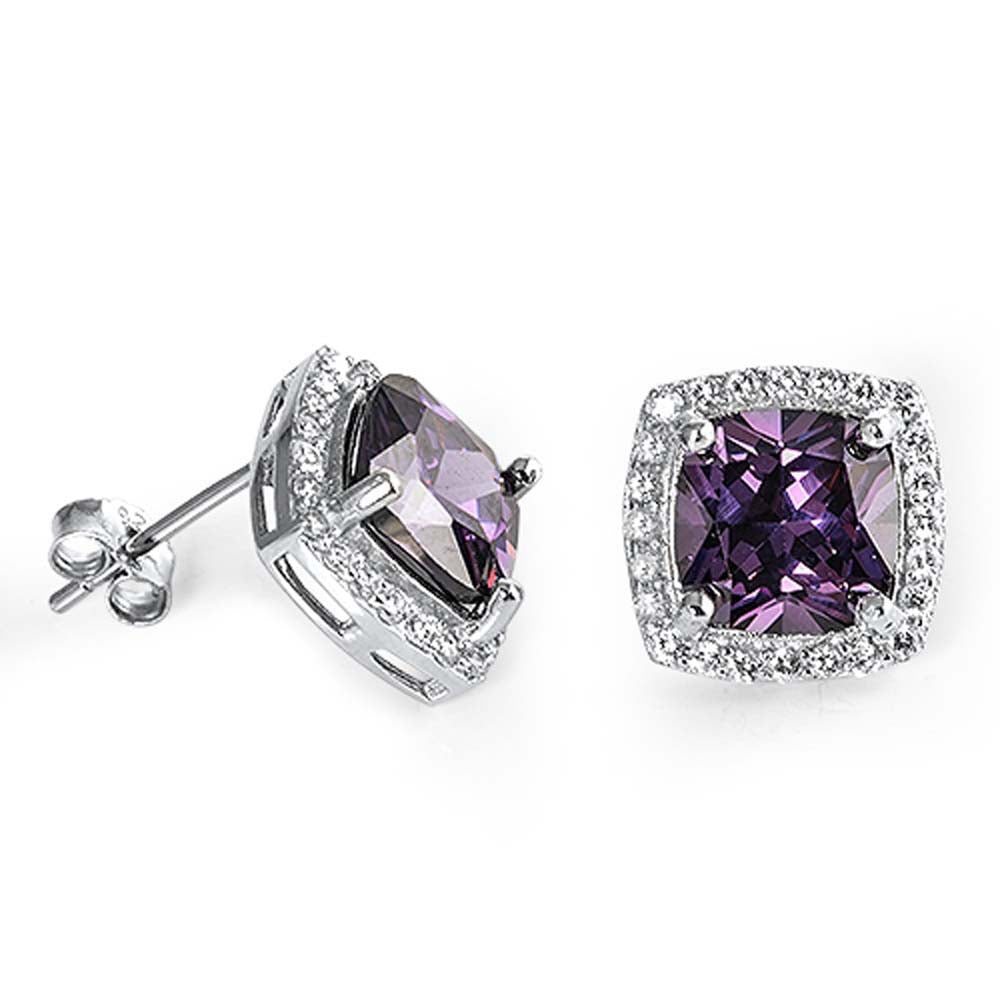 Sterling Silver Clear Cz and Prong Set Radiant CUt Amethyst Cz Push-back Stud Earrings with Earring Face Height of 11MM