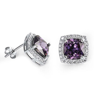 Sterling Silver Clear Cz and Prong Set Radiant CUt Amethyst Cz Push-back Stud Earrings with Earring Face Height of 11MM
