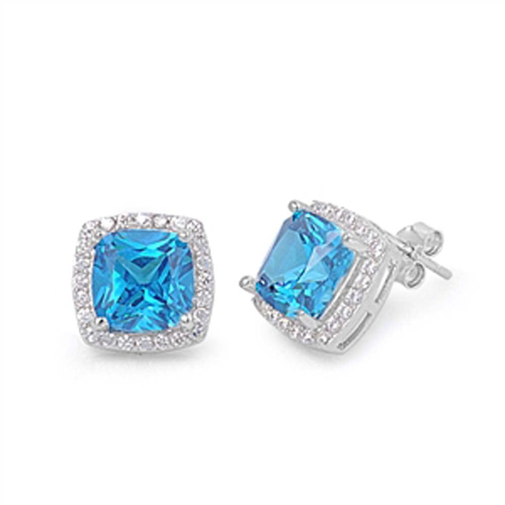 Sterling Silver Clear Cz and Prong Set Radiant Cut Blue Topaz Cz Push-back Stud Earrings with Earring Face Height of 11MM