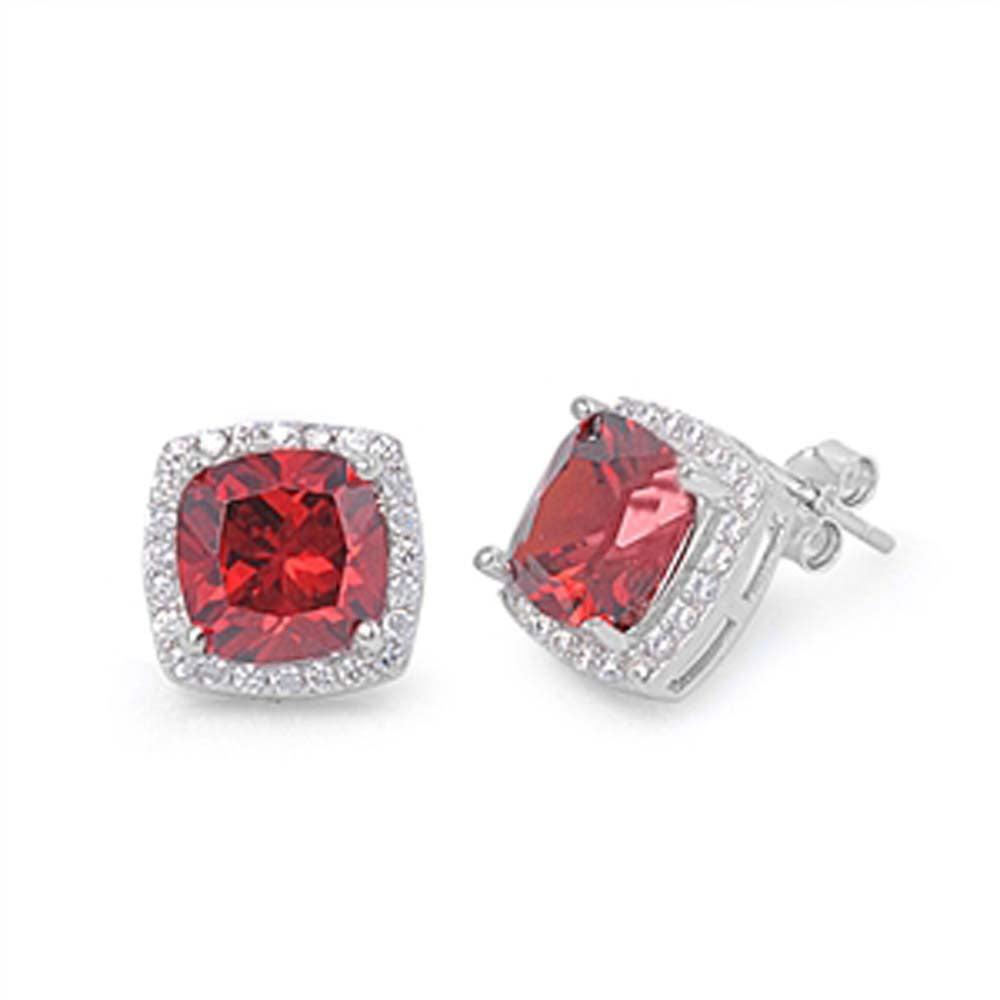 Sterling Silver Garnet Square Shaped CZ EarringsAnd Face Height 11 mm