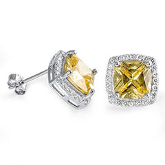 Sterling Silver Clear Cz and Prong Set Radiant Cut Yellow Topaz Cz Push-back Stud Earrings with Earring Face Height of 11MM