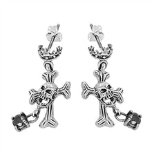 Load image into Gallery viewer, Sterling Silver Black Cz Skull and Crossbone Push-back Stud Earrings with Earring Face Height of 22MM
