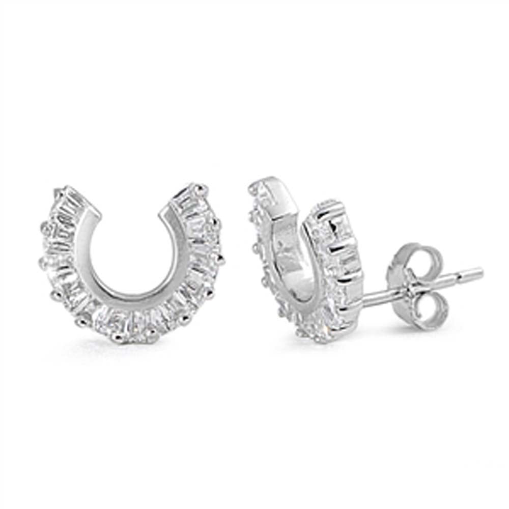 Sterling Silver Clear Cz Horseshoe Push-back Stud Earrings with Earring Face Height of 10MM