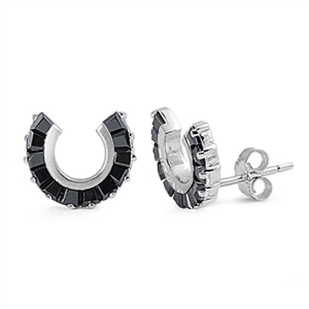 Sterling Silver Black Cz Horseshoe Push-back Stud Earrings with Earring Face Height of 10MM