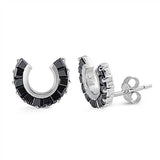 Sterling Silver Black Cz Horseshoe Push-back Stud Earrings with Earring Face Height of 10MM