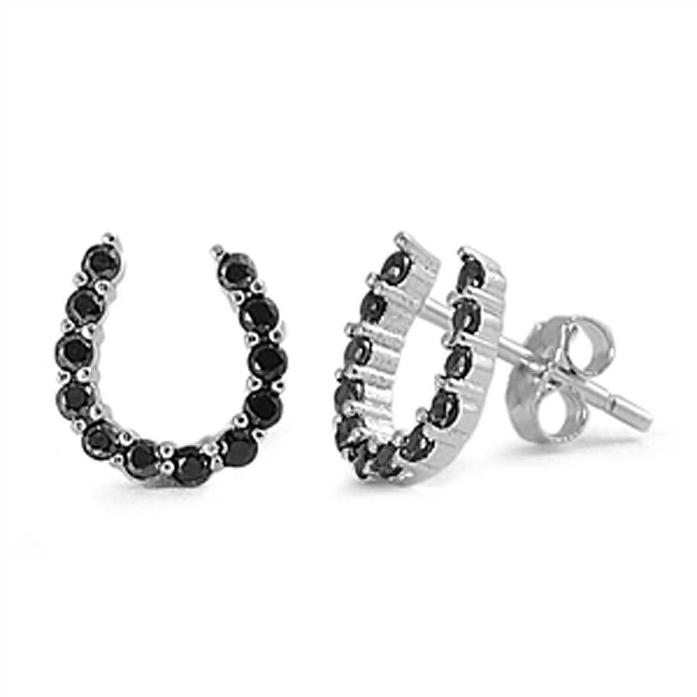 Sterling Silver Black Round Cz Horeshoe Push-back Stud Earrings with Earing face Height of 9MM