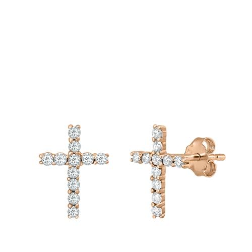 Sterling Silver Rose Plated Cross CZ Earrings