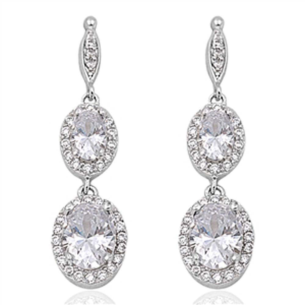 Sterling Silver Double Oval Drop Dangle Shaped CZ EarringsAnd Face Height 35 mm
